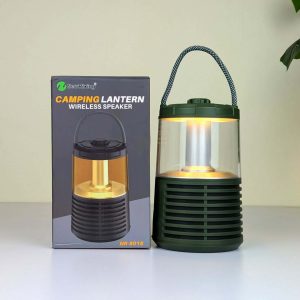 Portable NewRixing NR-8018 3-in-1 camping lantern featuring bright LED light, built-in Bluetooth speaker, FM radio and emergency power bank for outdoor use.